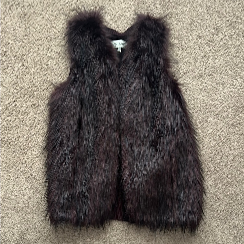 Burgundy and black faux fur vest with knit back and hook closure